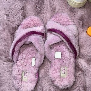 UGG Pink Plush Cross-Band Shearling Slide Slippers